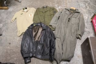 FOUR ITEMS OF VINTAGE MILITARY AND OTHER CLOTHING TO INCLUDE GERMAN STYLE OVERALLS