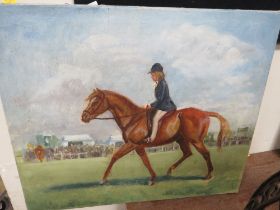 AN EQUESTRIAN OIL ON CANVAS - GIRL ON HORSEBACK - UNFRAMED