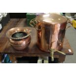 A LARGE COPPER AND BRASS SAMOVAR TOGETHER WITH A PLANTER
