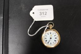 AN ANTIQUE OPEN FACED, MANUAL WIND FOB WATCH WITH OUTER CASING STAMPED 18K - A/F