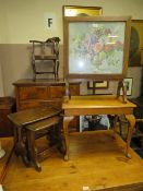 TWO ERCOL DARK OAK TABLES TOGETHER WITH AN OAK STOOL & SCREEN *(4)