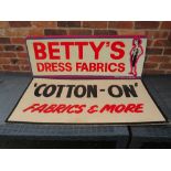 TWO CLOTHING RETAIL ADVERTISING SHOP SIGNS PAINTED ON BOARD - LARGEST MEASURING W 123 cm X 61 cm