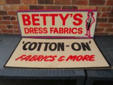 TWO CLOTHING RETAIL ADVERTISING SHOP SIGNS PAINTED ON BOARD - LARGEST MEASURING W 123 cm X 61 cm