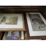 THREE FRAMED PICTURES TO INC A CHINESE TIGER PRINT ETC