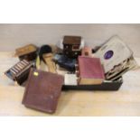 A TRAY OF COLLECTABLES TO INCLUDE WRISTWATCHES, PENS AND 78| RECORDS