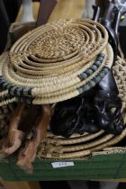 SOUTH AFRICAN TRIBAL ART ZULU WOVEN BASKETS, TWO WOODEN SPOONS AND TWO HARDWOOD TRIBAL ART BOWL