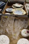 TWO TRAYS OF CERAMICS AND GLASSWARE TO INCLUDE STUART CRYSTAL FERN PATTERN DRINKING GOBLETS ETC
