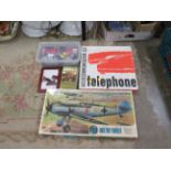 A MIXED LOT TO INCLUDE AIRFIX MESSERSCHMITT BF 109 E KIT (CONTENTS UNCHECKED), BOXED TELEPHONE INTER