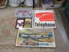 A MIXED LOT TO INCLUDE AIRFIX MESSERSCHMITT BF 109 E KIT (CONTENTS UNCHECKED), BOXED TELEPHONE INTER