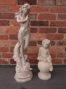 TWO RESIN FIGURES COMPRISING A SILVERED AERT NOUVEAU STYLE STANDING FEMALE - H 67 cm AND A WINGED