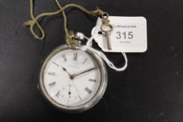 AN A.W.W.Co. WALTHAM MASS HALLMARKED SILVER OPEN FACED, MANUAL WIND POCKET WATCH AND KEY