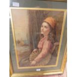 AN EASTERN WATERCOLOUR DEPICTING A GIRL LOOKING OUT AT THE SEA - MONOGRAM AND DATED 1871 48 X 35.5