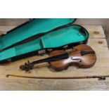 A CASED VINTAGE TWO PIECE BACK VIOLIN AND BOW