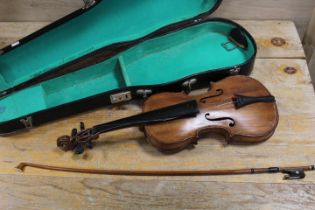A CASED VINTAGE TWO PIECE BACK VIOLIN AND BOW