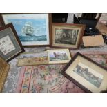 A COLLECTION OF ASSORTED PICTURES AND PRINTS TO INCLUDE A HARVEST WATERCOLOUR (6)