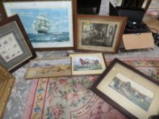 A COLLECTION OF ASSORTED PICTURES AND PRINTS TO INCLUDE A HARVEST WATERCOLOUR (6)