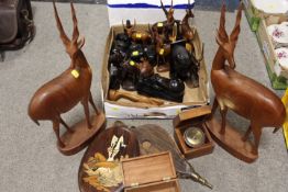 TWO TRAYS OF TREEN TO INCLUDE AFRICAN TRIBAL BOOK ENDS ETC