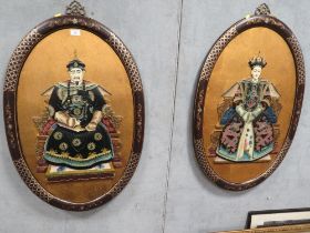 A LARGE PAIR OF MODERN OVAL ORIENTAL FIGURATIVE PLAQUES 95 X 61 CM (2)