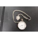 A GENTS ANTIQUE SILVER WATCH AND SILVER ALBERT CHAIN