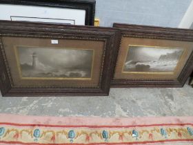 A PAIR OF VICTORIAN OAK FRAMED BLACK AND WHITE SEASCAPE PRINTS