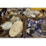 FOUR SMALL TRAYS OF ASSORTED CERAMICS, GLASS ETC TO INCLUDE BLUE AND WHITE CERAMICS AND A SILVER