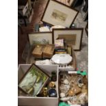 FOUR TRAY OF ASSORTED GLASS AND CERAMICS TO INCLUDE CRESTED WARE, FISHING REELS, ETC