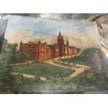 A SMALL 19TH CENTURY OIL ON PANEL DEPICTING A TOWN HALL ? 16 X 21.5 CM