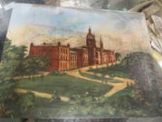 A SMALL 19TH CENTURY OIL ON PANEL DEPICTING A TOWN HALL ? 16 X 21.5 CM
