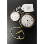 A CONTINENTAL SILVER OPEN FACED MANUAL WIND POCKET WATCH TOGETHER WITH A SIMILAR FOB WATCH - BOTH
