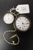A CONTINENTAL SILVER OPEN FACED MANUAL WIND POCKET WATCH TOGETHER WITH A SIMILAR FOB WATCH - BOTH