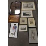 A CARVED OAK MIRROR TOGETHER WITH A COLLECTION OF ASSORTED PICTURES AND PRINTS TO INCLUDE