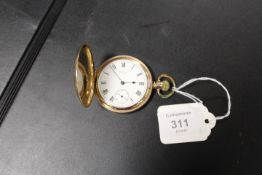A WALTHAM USA GOLD PLATED MANUAL WIND FULL HUNTER POCKET WATCHCondition report:Ticks on winding -
