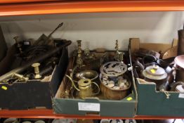 THREE TRAYS OF COPPER AND BRASS TO INCLUDE FIRE DOGS , CANDLESTICKS ETC