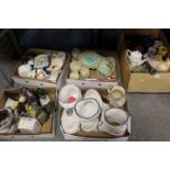 FIVE TRAYS OF ASSORTED CERAMICS TO INCLUDE FOUR NOVELTY CERAMIC BOOT PLANTERS ETC