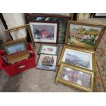 A LARGE QUANTITY OF 23 ASSORTED PRINTS TO INCLUDE AN OIL AND A FRAME