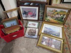 A LARGE QUANTITY OF 23 ASSORTED PRINTS TO INCLUDE AN OIL AND A FRAME