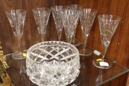 A SET OF SEVEN ROYAL DOULTON CRYSTAL WINE GLASSES TOGETHER WITH A CUT GLASS BOWL