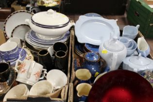 TWO TRAYS OF ASSORTED CERAMICS TO INCLUDE WATCOMBE BLUE AND WHITE SPOTTED TEA WARE TOGETHER WITH