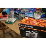 A SELECTION OF BOXED COOKERY ITEMS TO INCLUDE A STAINLESS RUSSELL HOBBS FRYER