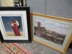 A FRAMED AND GLAZED JACK VETTRIANO COLOURED PRINT AND A WOLVERHAMPTON MARKET PRINT (2)