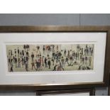A LARGE LS LOWRY LTD EDITION COLOURED LITHOGRAPH ' CROWD AROUND A CRICKET SIGHT BOARD' No 739/850