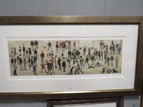 A LARGE LS LOWRY LTD EDITION COLOURED LITHOGRAPH ' CROWD AROUND A CRICKET SIGHT BOARD' No 739/850