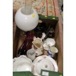 A TRAY OF ASSORTED CERAMICS AND GLASS ETC TO INCLUDE AYNSLEY PEMBROKE PLANTER