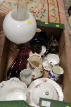 A TRAY OF ASSORTED CERAMICS AND GLASS ETC TO INCLUDE AYNSLEY PEMBROKE PLANTER