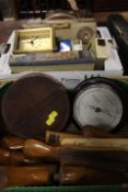 TWO SMALL TRAYS OF SUNDRIES TO INCLUDE A VINTAGE GEC PORTABLE RADIO , WOODEN BOOT LASTS, MODEL CAR