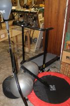 A SELECTION OF KEEP FIT EQUIP[MET TO INCLUDE A TREADMILL, PUNCHBALL AND TRAMPOLINE