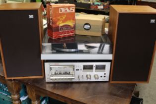 A PIONEER CT-606 STEREO CASSETTE DECK TOGETHER WITH A PRINZSOUND PL15 BELT DRIVE RECORD PLAYER, OPUS