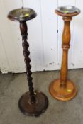 A MAHOGANY BARLEY TWIST SMOKERS STAND TOGETHER WITH A LATER OAK EXAMPLE (2)