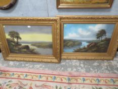 A PAIR OF GILT FRAMED OIL ON CANVAS OF RIVER SCENES SIGNED 'PERCY' 50 X 75 CM (2)