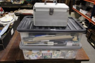 TWO TUBS AND A SILVER CASE ENGLISH AND FOREIGN STAMPS LOOSE. SHEETS AND ALBUMS TO INCLUDE RARE